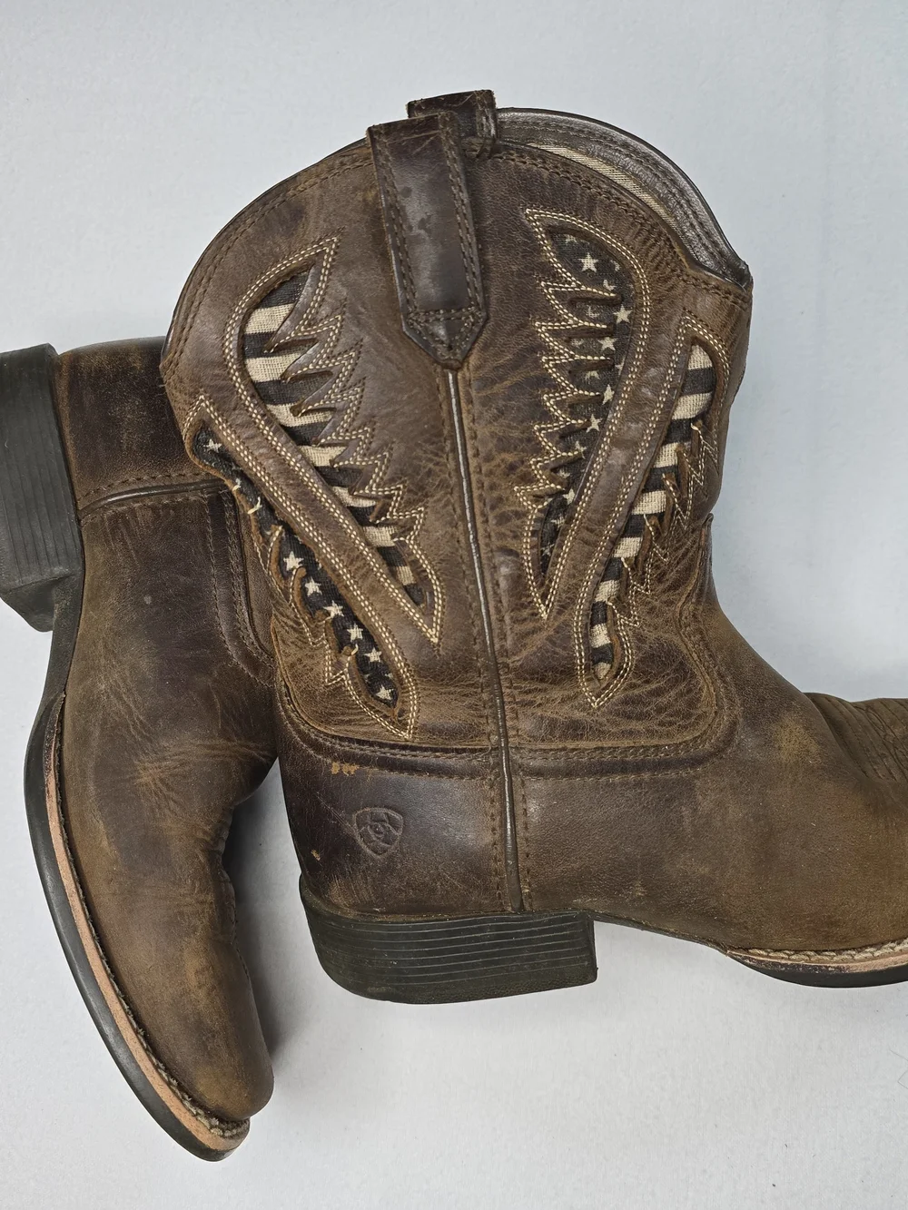 Ariat Youth Cowboy Boots US Size 3 Brown Leather Western Square Toe Flag Boots